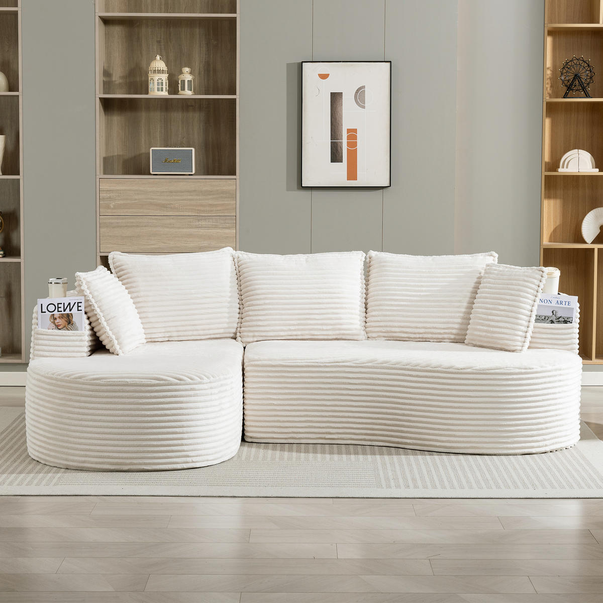 ECKSOFA Cord Beige mit Becherhaltern, Seitentaschen und Kissen - Beige, Textil (250/152cm) - WISHDOR