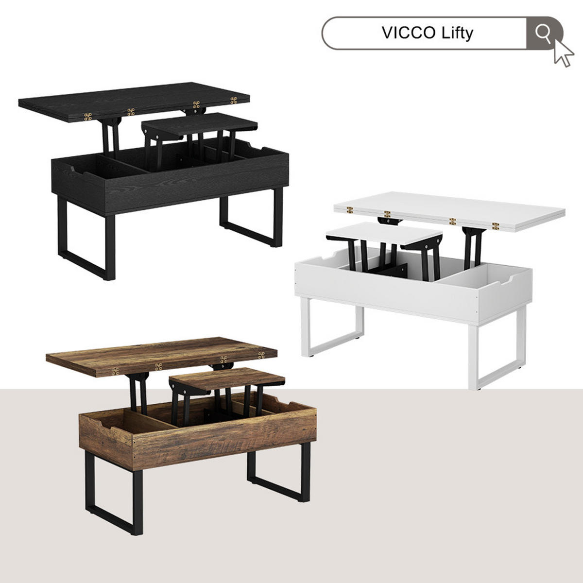 COUCHTISCH Lifty Eiche rustikal 100 x 50 cm mit Liftfunktion - Wildeiche, Holzwerkstoff (50/100/48.5cm) - Vicco