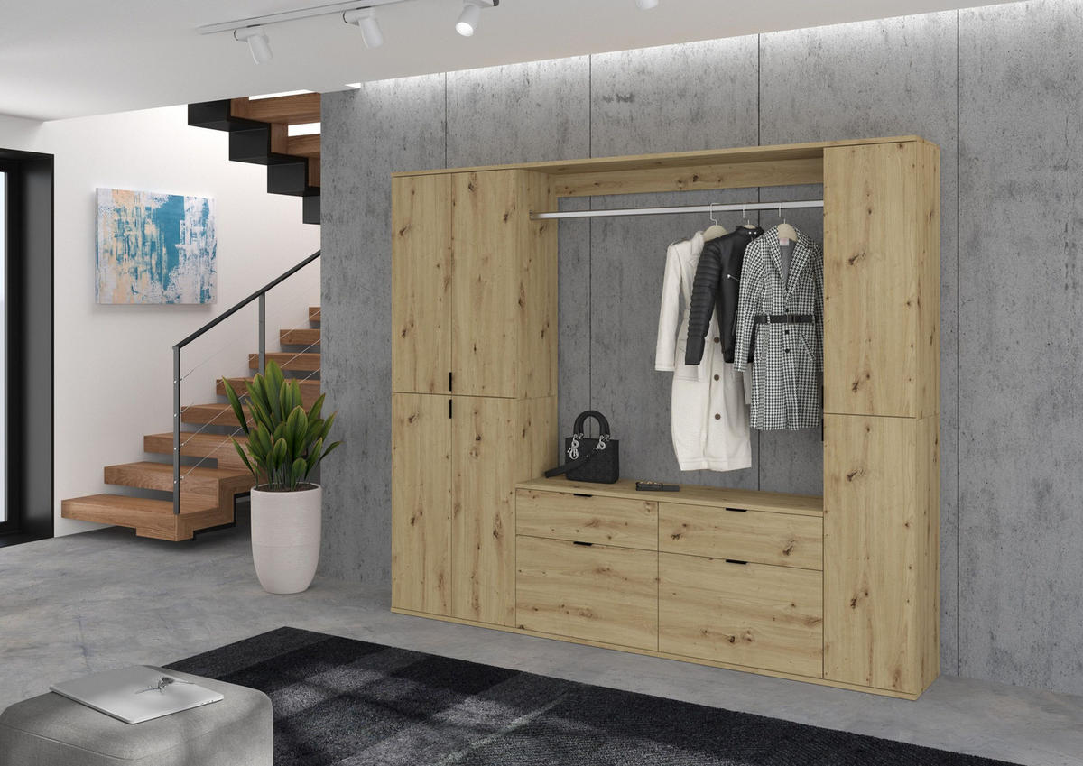 KOMMODE + Garderobenstange Projekt X Garderobe in Artisan Eiche Nachbildung B/H/T: 121x62x34 cm - Eiche Artisan, Holzwerkstoff (121/61/34cm)