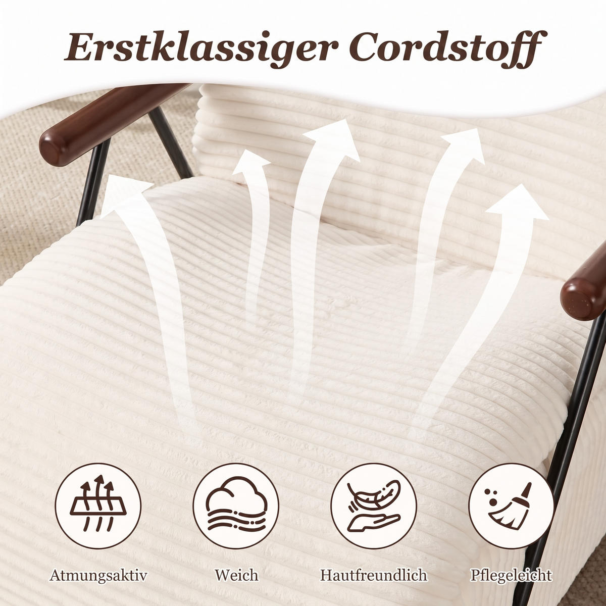 XXL-SESSEL mit Armlehnen, Cord Loungesessel, Ergonomisch, Beige - Beige, Textil/Metall (71/75/100cm) - LVHOM