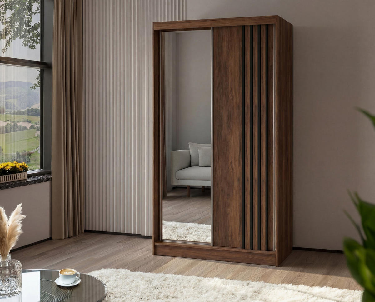 SCHWEBETÜRENSCHRANK NELVIA 120/216/61 cm Modern Kleiderschrank 2-türig mit Spiegel Nussbaumfarben - Nussbaumfarben, Holzwerkstoff (120/216/61cm) - MASSENO