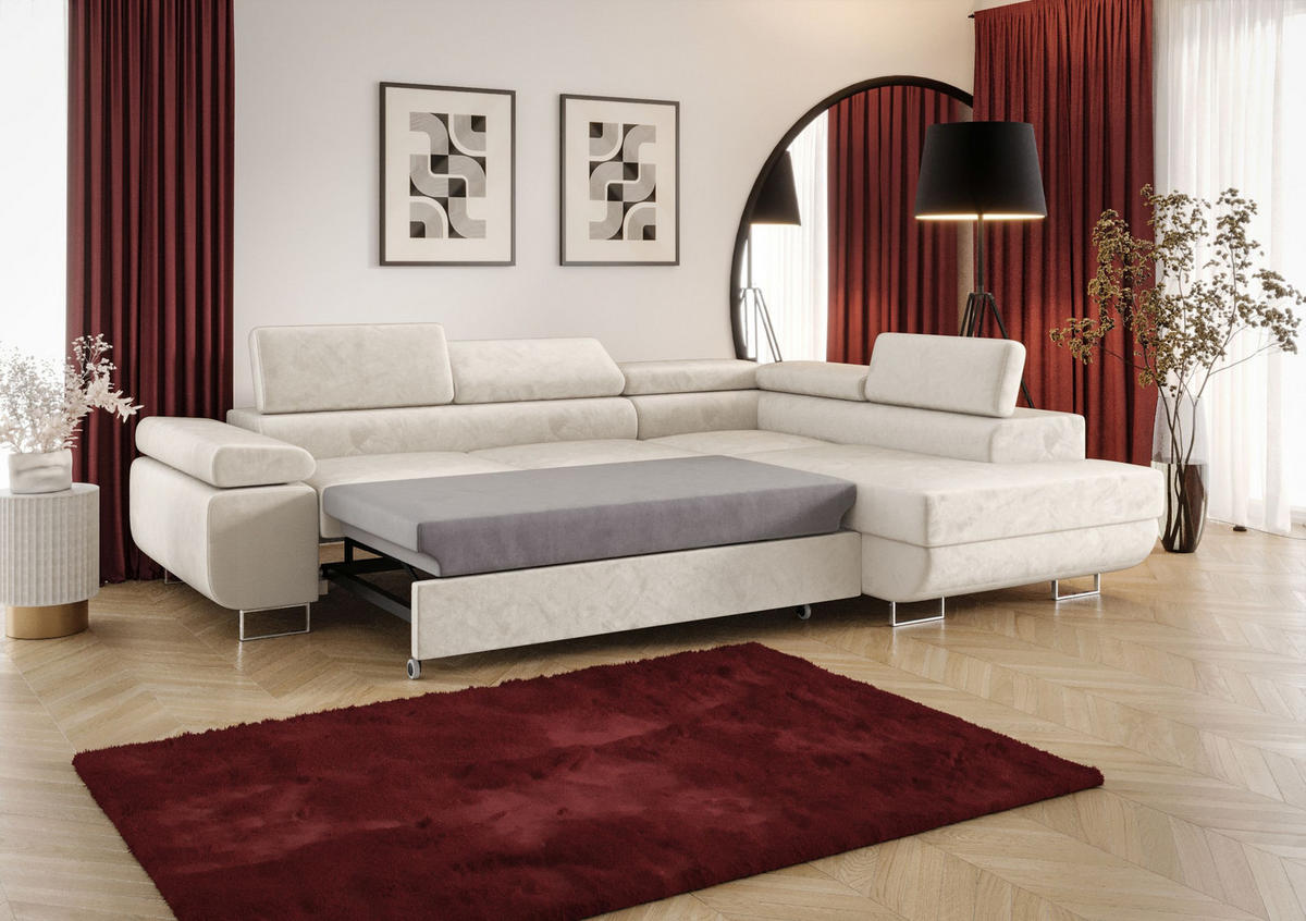 ECKSOFA EMILY mit Schlaffunktion Poso 100 Rechts - Ecru, Textil (275/200cm) - Bedante