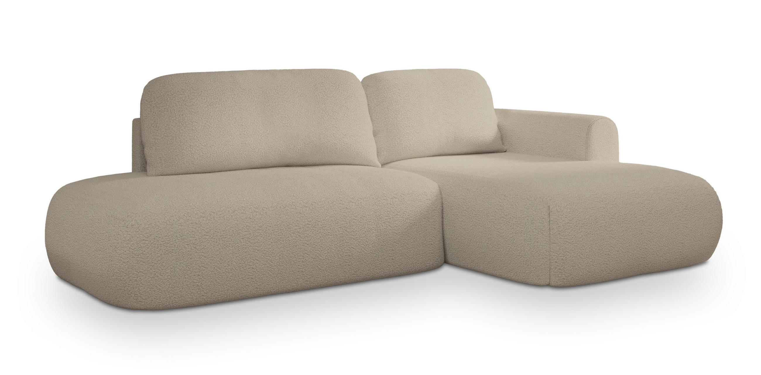 ECKSOFA NUVIRA R-S Beige Boucle-Stoff mit Schlaffunktion - Beige, Holz (274/165cm) - MASSENO