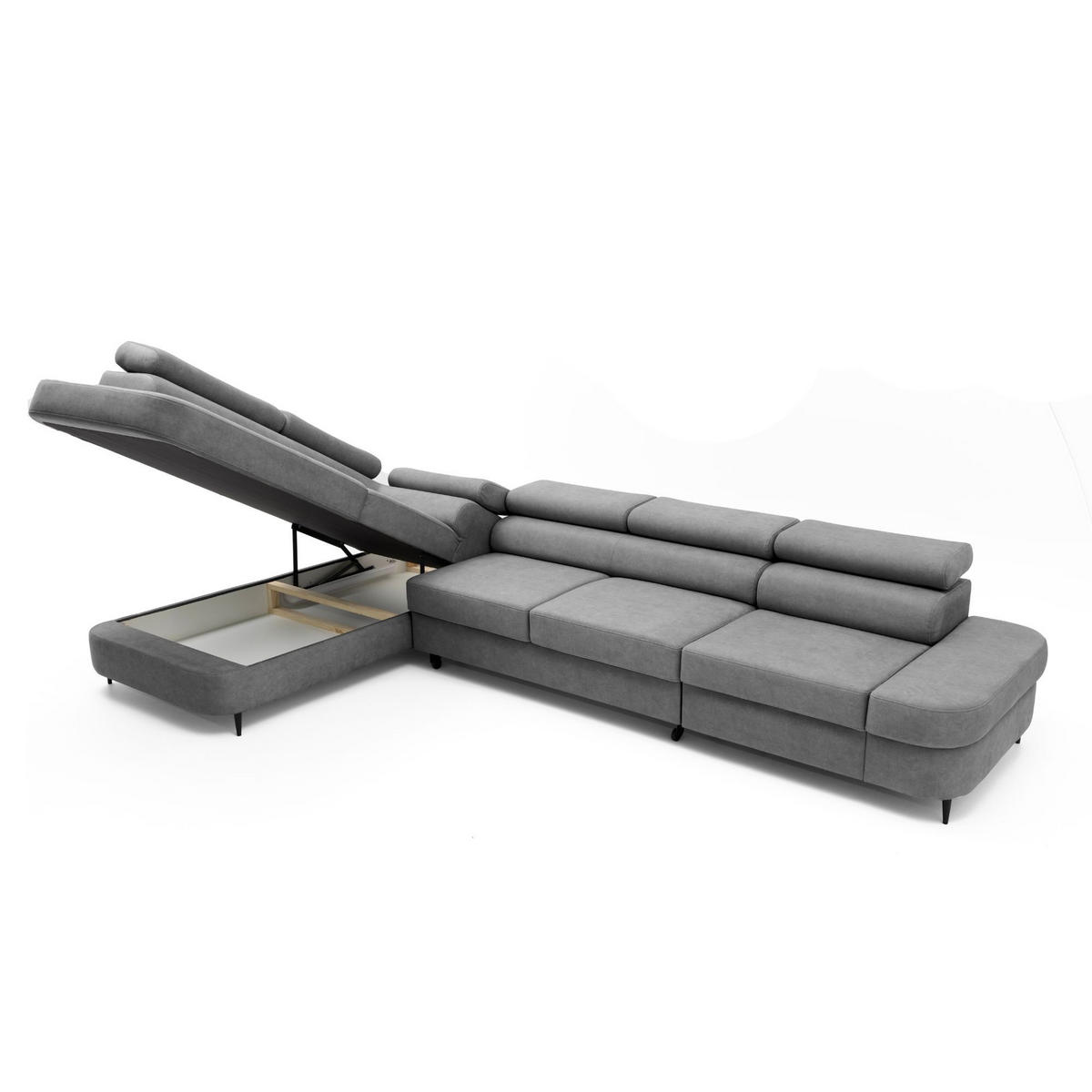 ECKSOFA PRIAM MAXI L-Form Links mit Schlaffunktion 125x195 Velours Grau - Schwarz/Grau, Holz/Textil (203/350cm) - Muffo