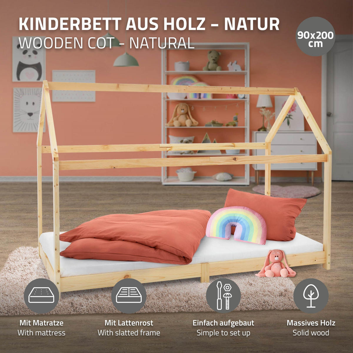 KINDERBETT mit Dach und Matratze 90x200 cm Natur - Naturfarben, Holz (90/200cm) - ML-DESIGN