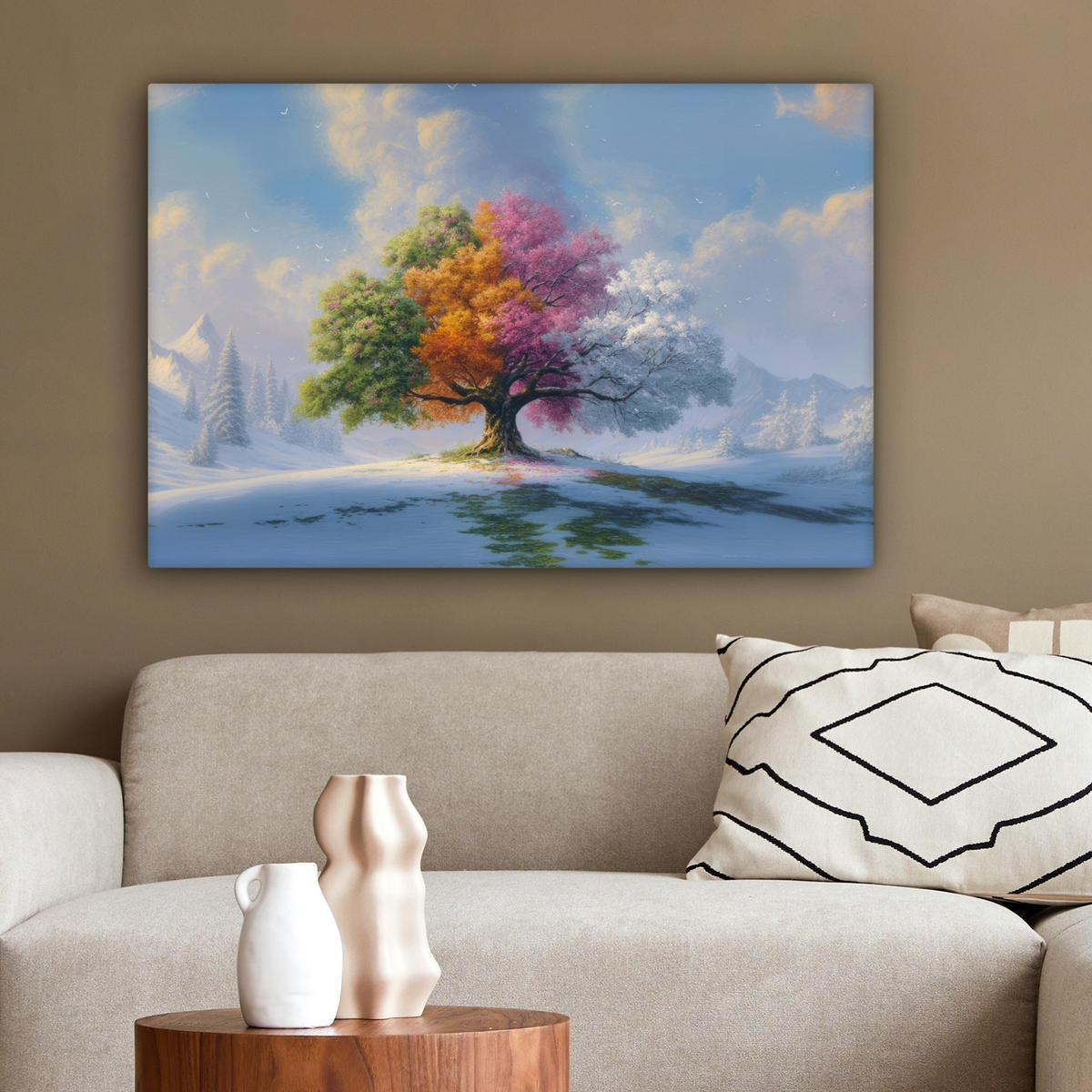 LEINWANDBILD Baum - Jahreszeiten - Winter - Landschaft Gemälde 60x40 cm - Multicolor, Textil (60/40cm) - MuchoWow