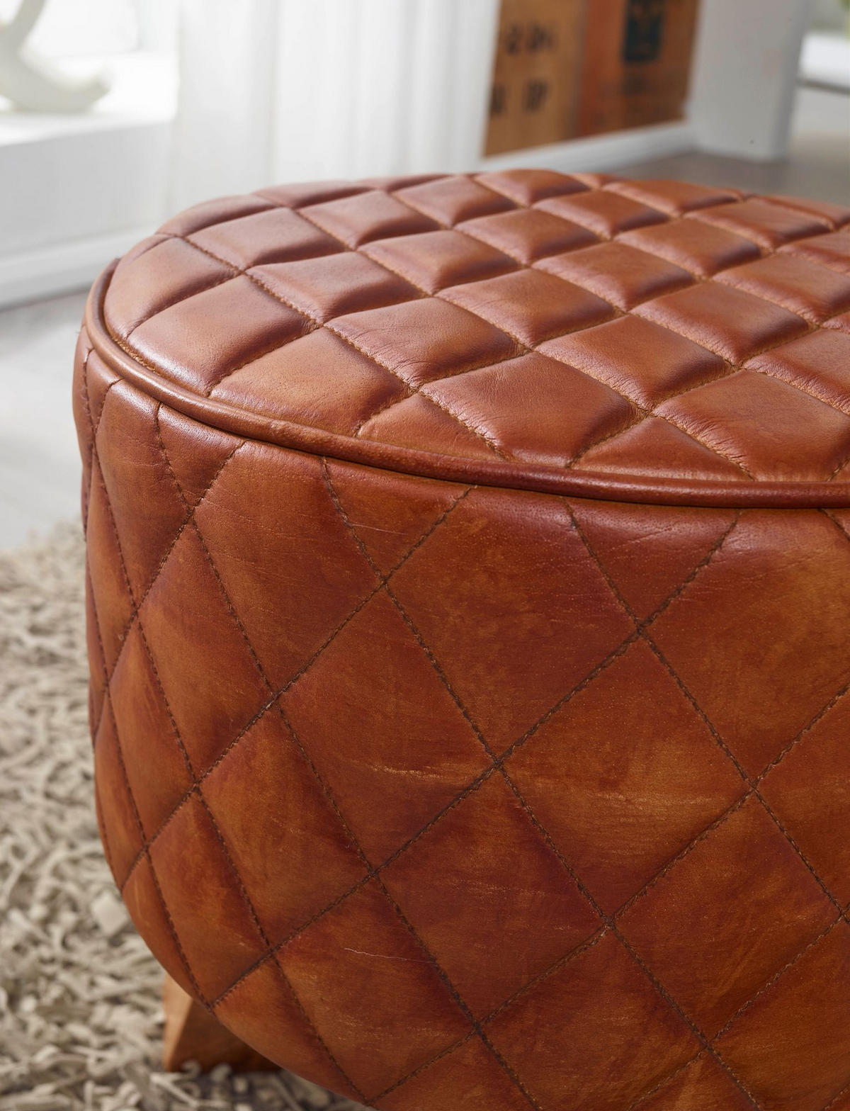 SITZHOCKER – Holz/Leder, 46 cm, Rautenmuster, Braun - Braun, Mangoholz/Leder (35/46/35cm) - KADIMA DESIGN