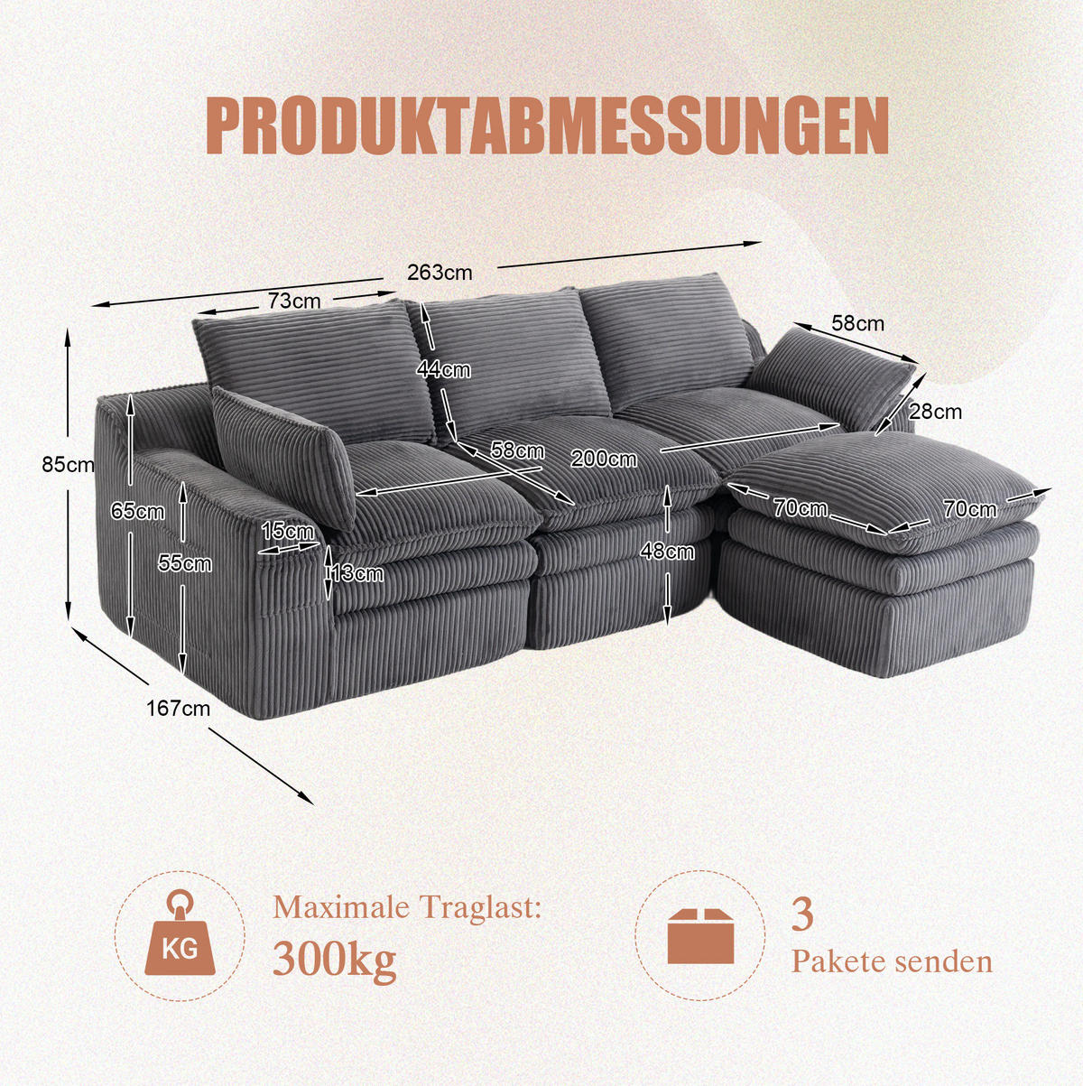 SOFA modular mit Fußbank 263 x 167 cm Corduroy Dark Gray - Grau, Kunststoff (167/263cm) - Meubliv