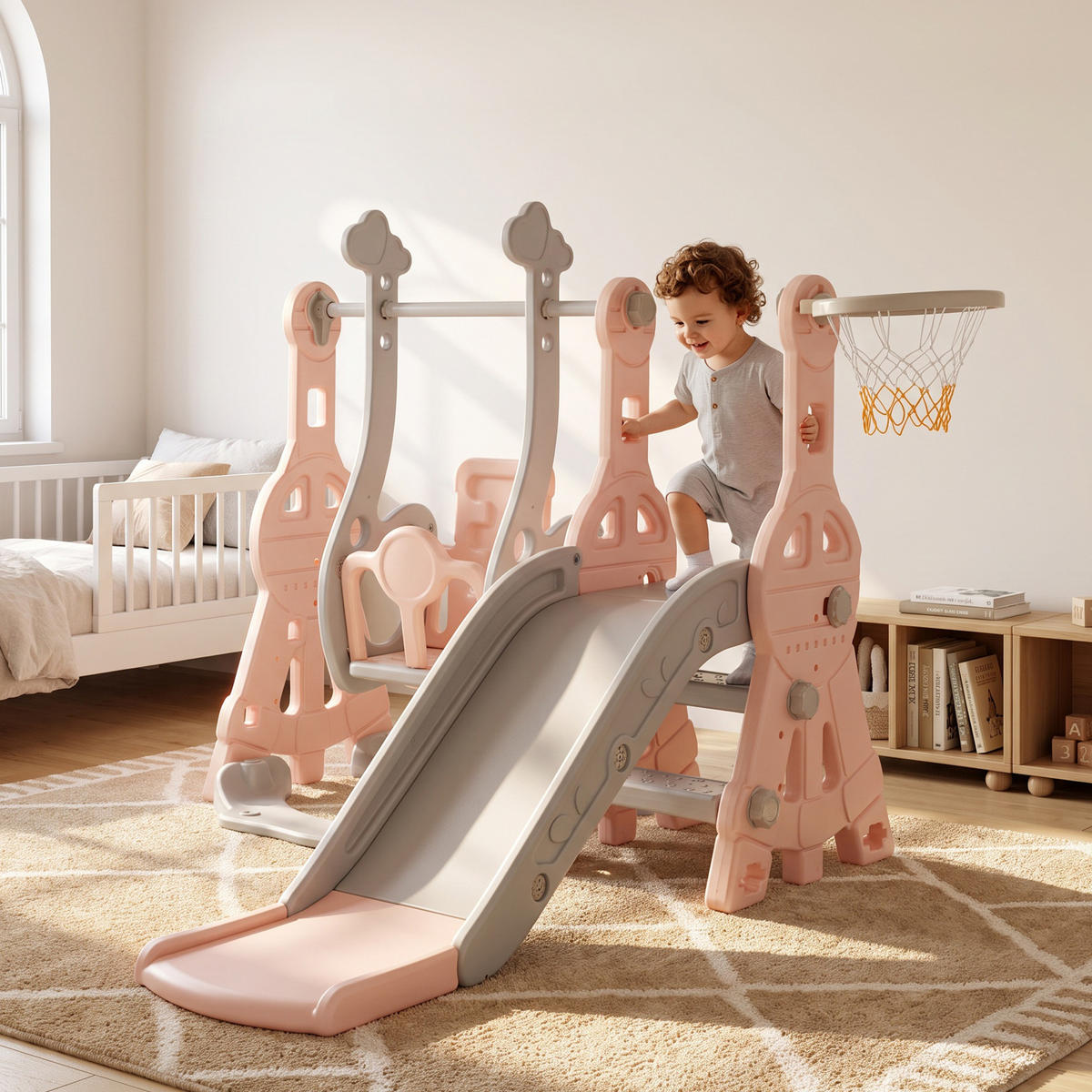 KINDERRUTSCHE 4 in 1 Indoor und Outdoor Babyrutsche mit Basketballkorb, Rosa - Rosa, Kunststoff (118/102/140cm) - GENKI LIVING