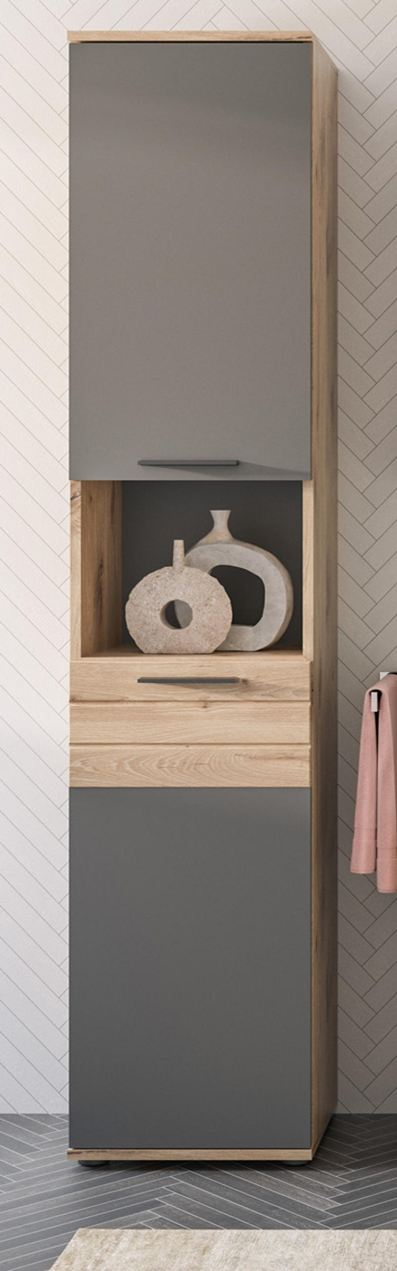 HOCHSCHRANK Eiche, grau 37 cm Badschrank mit Soft-Close, Badezimmereinrichtung - Eichefarben/Schwarz, Holzwerkstoff/Kunststoff (37/190/34cm) - Inn.Furn