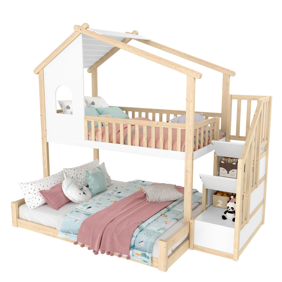 ETAGENBETT 90x200cm + 140x200cm Natur + Weiß Stauraumleiter Fenster - Multicolor, Holz (140/200cm) - FLIEKS