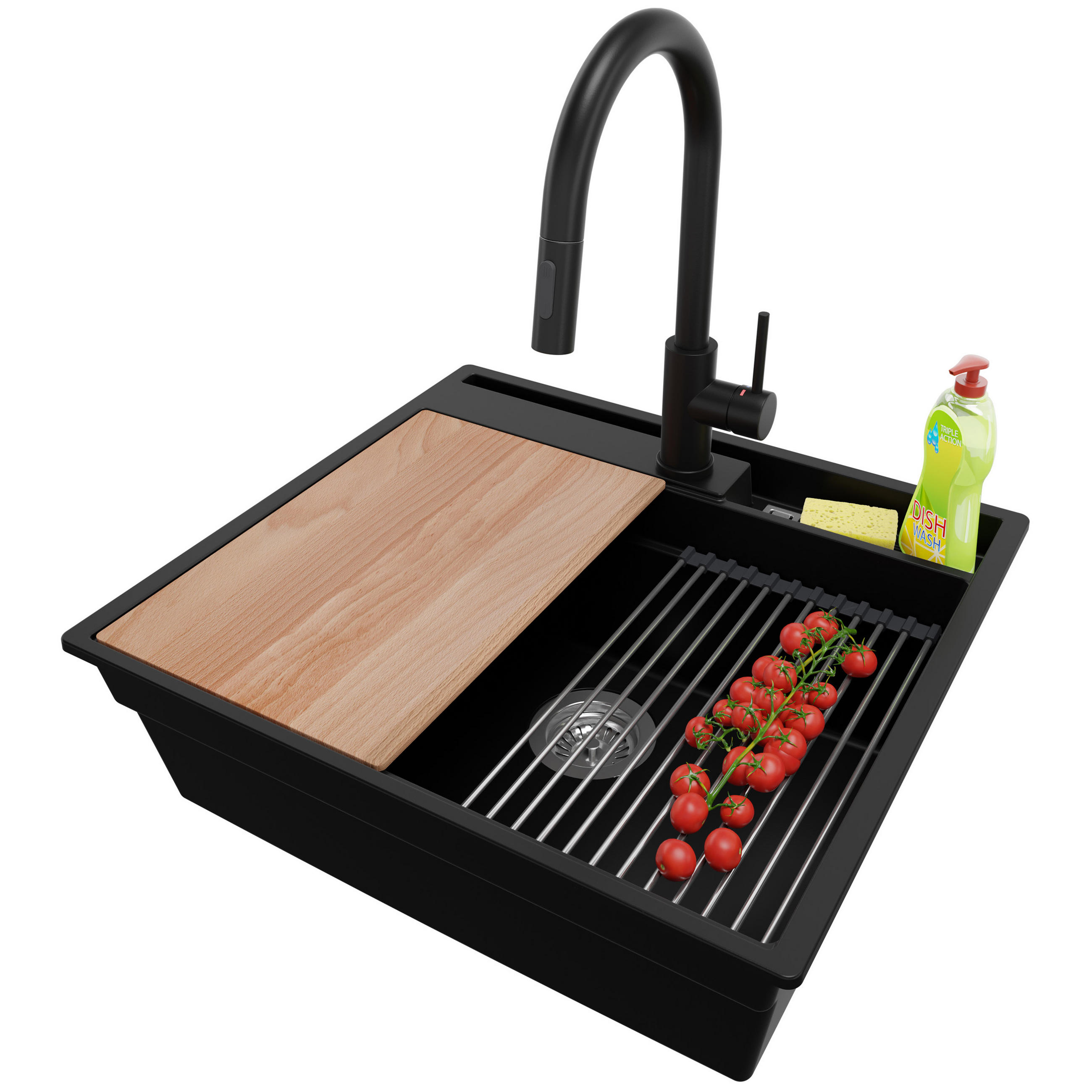 GRANITSPÜLE Oslo Pocket, 2-er set Schwarz 58/53 cm 1 Becken + Küchenarmatur 40/20 cm + Ablauf-Set + Küchenzubehörset ab 60er Unterschrank - Chromfarben/Beige, Kunststoff (58/20/53cm) - Primagran