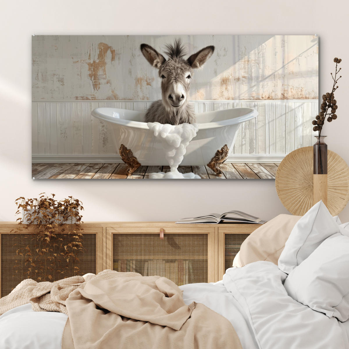 ACRYLGLASBILD Esel - Tiere - Badewanne - Schaumstoff 120x60 cm - Weiß, Glas (120/60cm) - MuchoWow