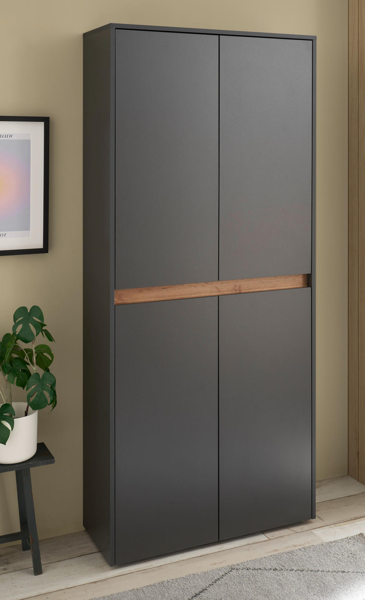 SCHUHSCHRANK grau matt, Eiche Wotan 85 x 195 cm, Flurschrank 4-türig - Eiche Wotan/Schwarz, Holzwerkstoff/Kunststoff (85/195/35cm) - Furn.Design