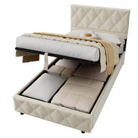 POLSTERBETT mit Stauraum 160/200 cm, Samt Creme-Beige, Gasdrucklift, geräuscharmer Lattenrost - Beige, Textil (90/190cm) - OKMYHOME