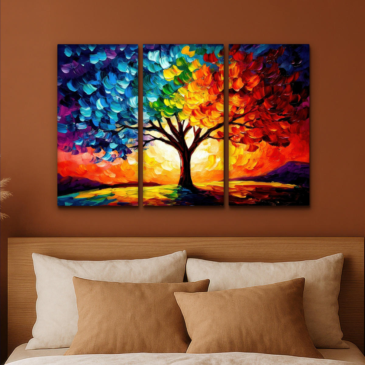 LEINWANDBILD 3er Set Baum - Farbenfroh - Malerei-Look - Abstrakt 90x60 cm - Multicolor, Textil (90/60cm) - MuchoWow