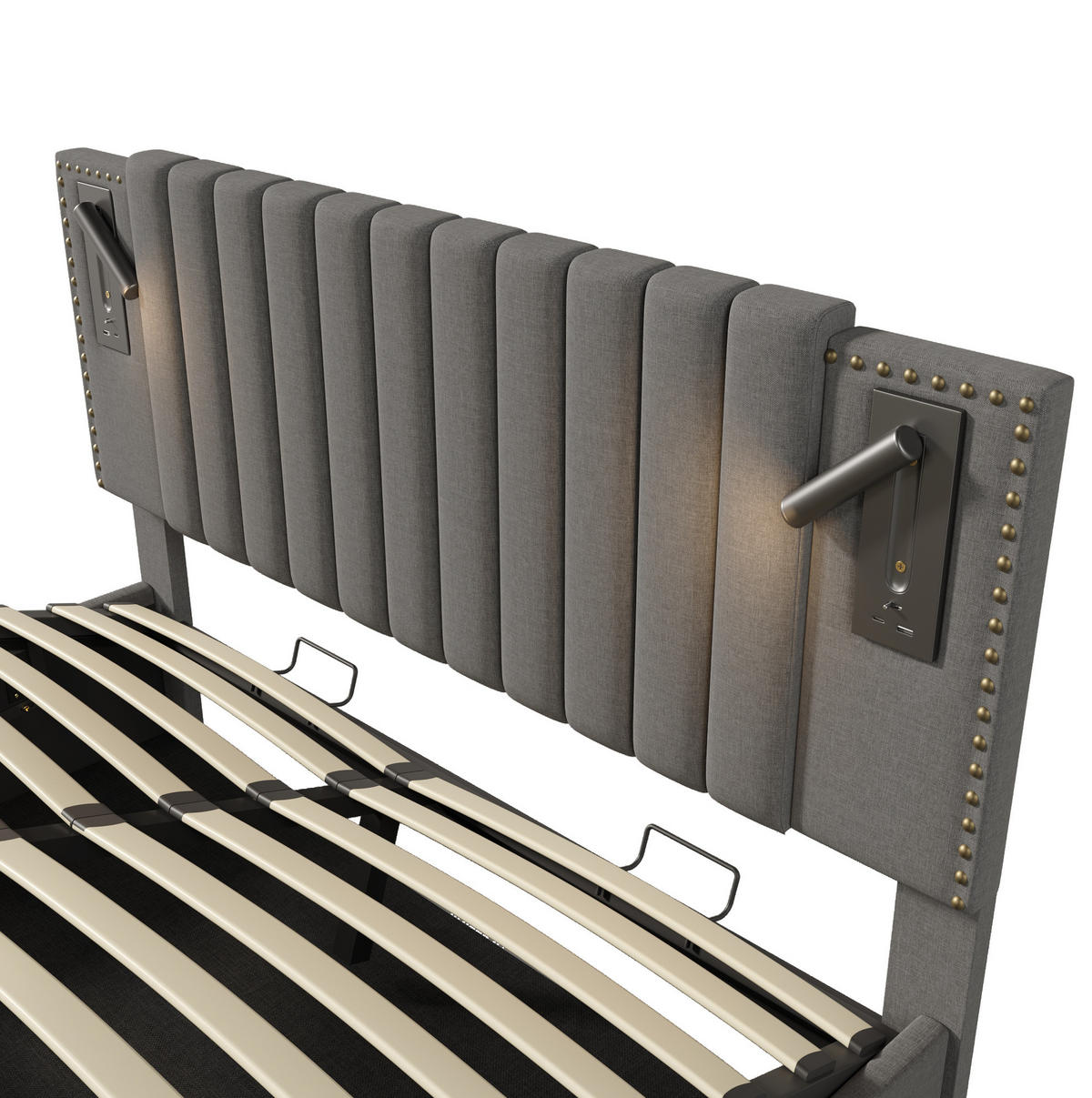 POLSTERBETT aus Baumwolle 160x200 cm Grau mit Bettkasten, Leselicht, USB- und USB-C-Anschlüssen - Grau, Textil (160/200cm) - IVMEU