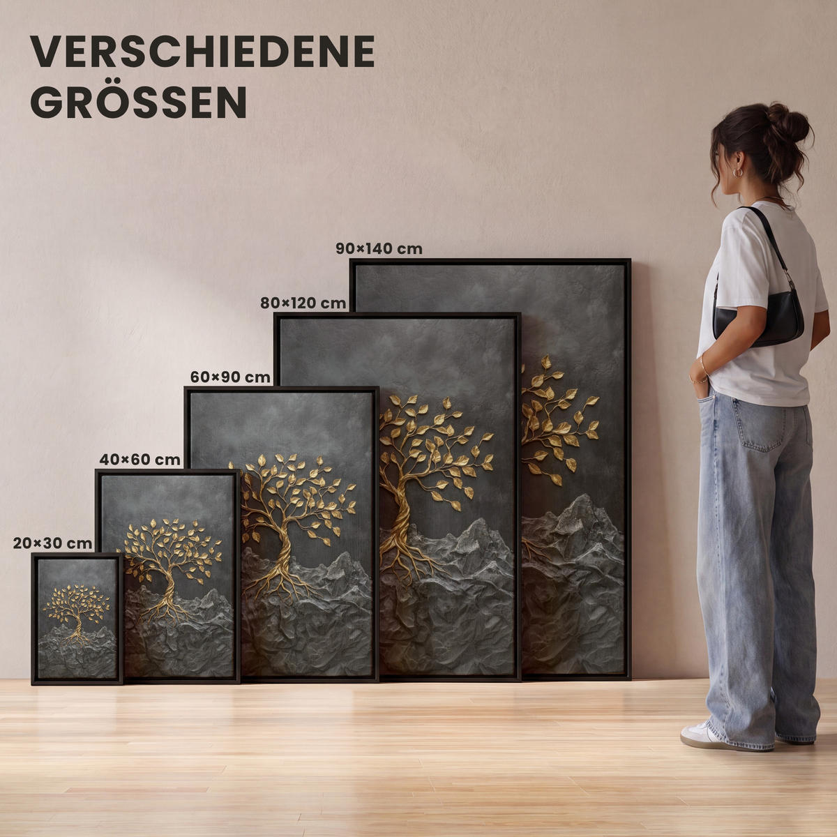 LEINWAND Bilder mit Rahmen - Blätter - Gold - Baum - Fels - 100x150 - Schwarz, Textil (100/150cm) - MuchoWow