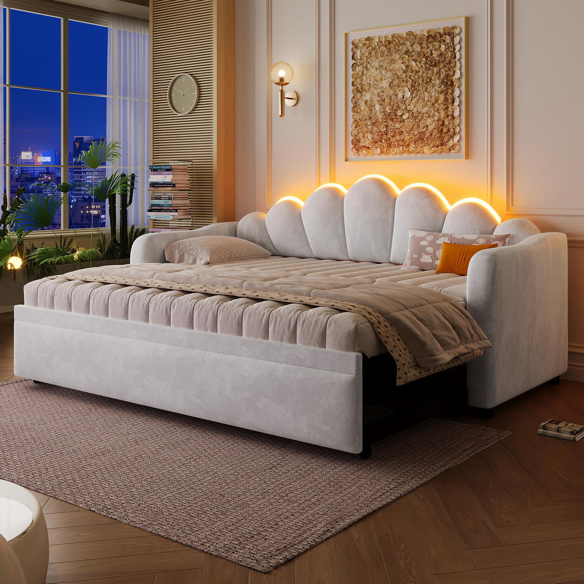 DENNÁ posteľ 90/200 cm sivá s výsuvným lôžkom a LED osvetlením z MDF, preglejky a zamatu - sivá, textil (90/200cm) - OKWISH