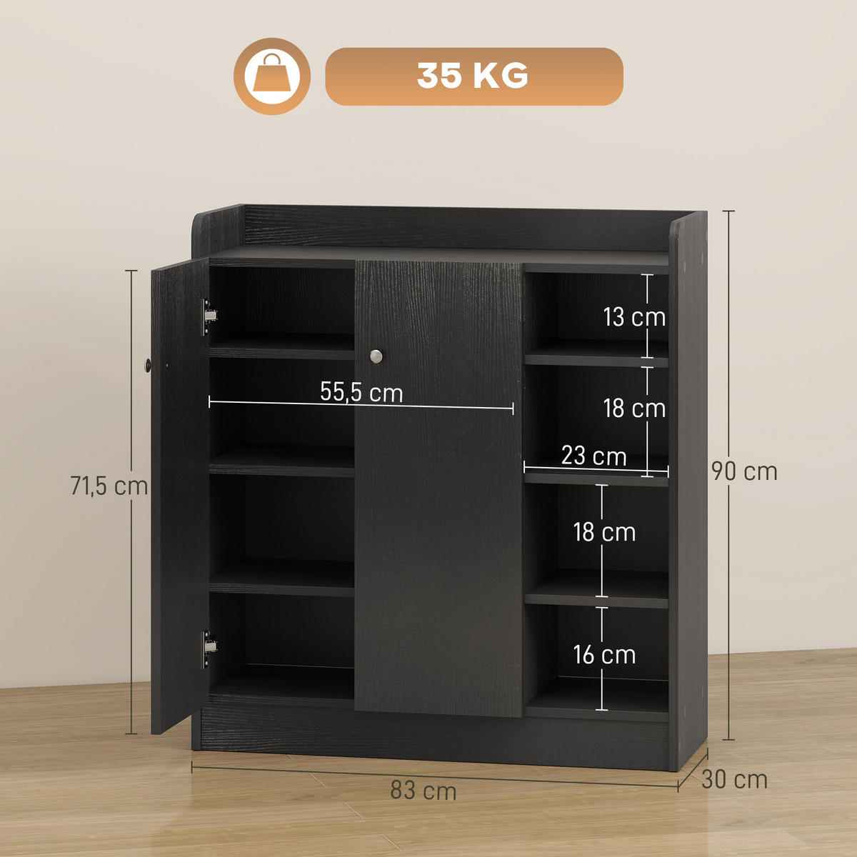 SCHUHSCHRANK DE-14973 4 offene Fächer & Doppelschrank mit 4 Einlegeböden Schwarz - Schwarz, Holzwerkstoff (83/90/30cm) - ComfortXL