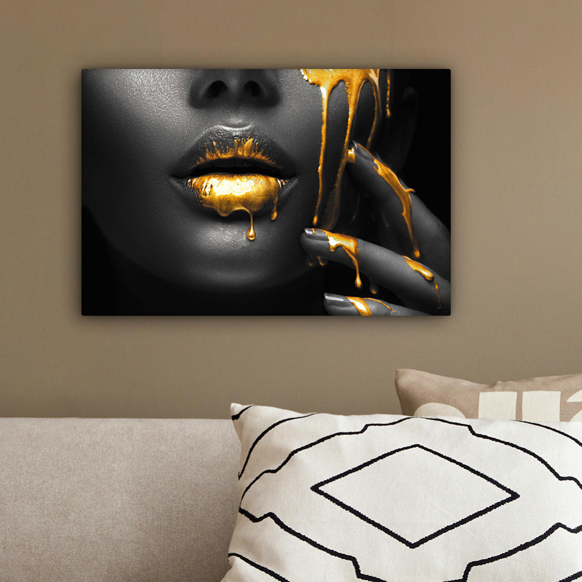LEINWANDBILD Frau - Schwarz - Gold - Gesicht - Lippen 30x20 cm - Goldfarben, Textil (30/20cm) - MuchoWow
