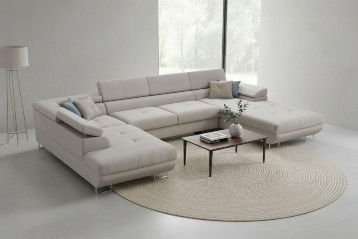 WOHNLANDSCHAFT Gianluca - Hellgrau, Holzwerkstoff/Textil (345/90/205cm) - Fun Möbel