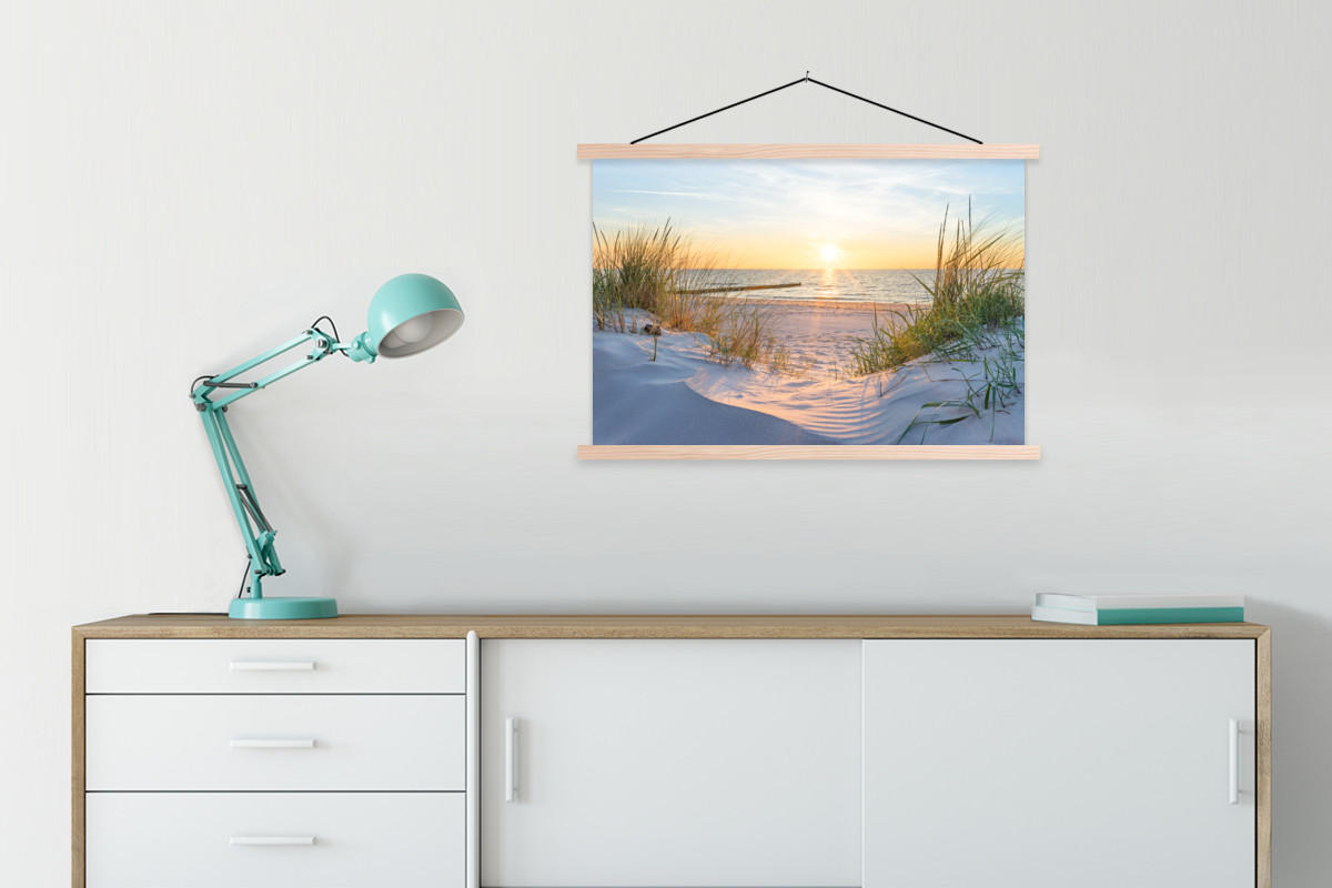 POSTER Strand - Sonne - Düne - Gras - Sand - Horizont 90x60 cm - Hellblau, Textil (90/60/0.15cm) - MuchoWow
