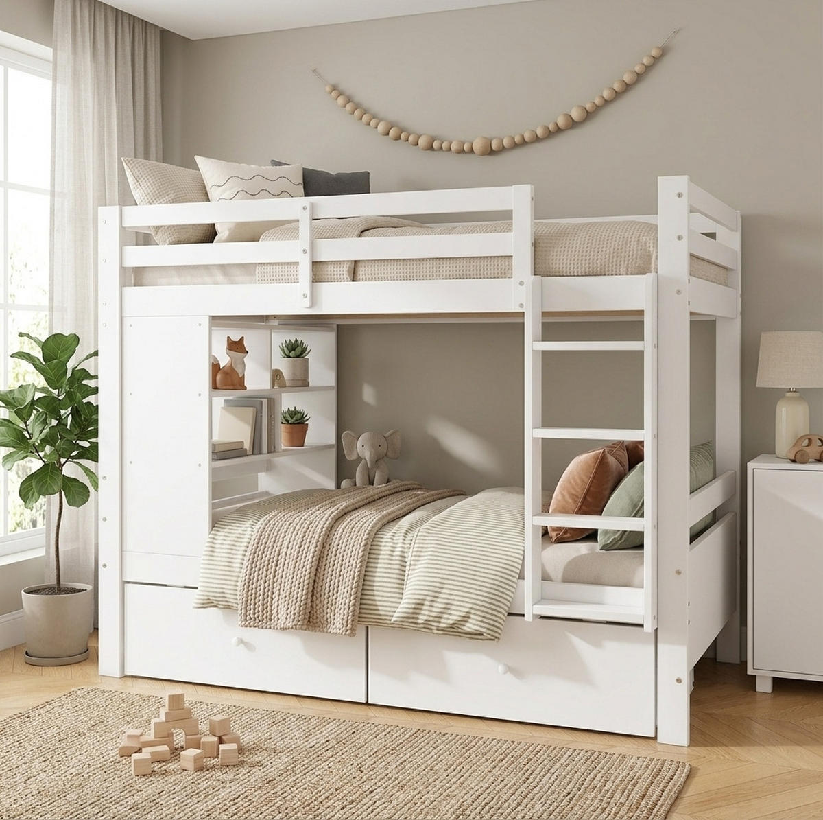 ETAGENBETT aus Holz 90x200 cm Weiß mit 2 Schubladen, offenem Regal, Leiter und Schutzgeländer - Weiß, Holz (90/200cm) - Modfu