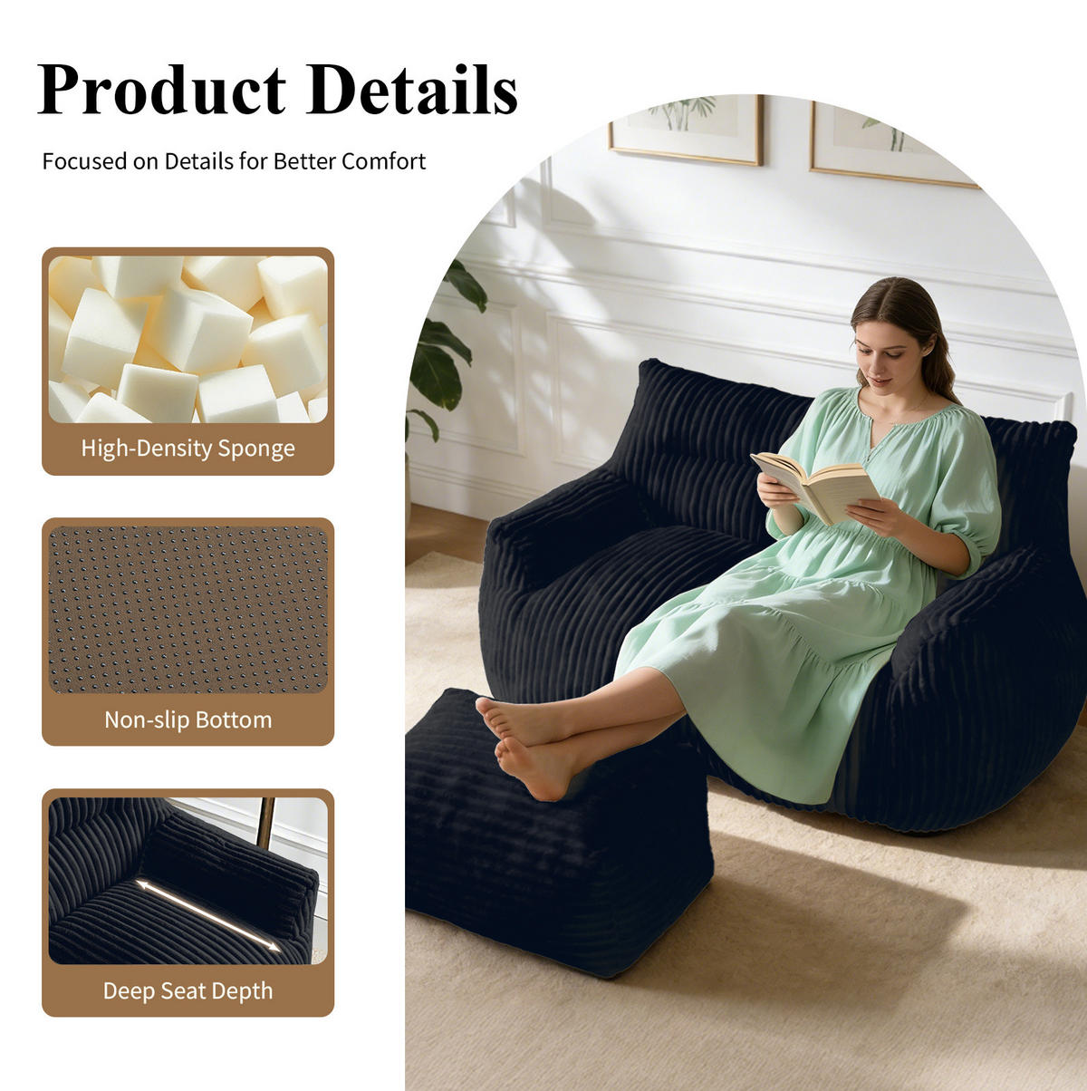 SITZSACK mit Memory-Foam Schwarz - Schwarz, Kunststoff (100/75/135cm) - Meubliv