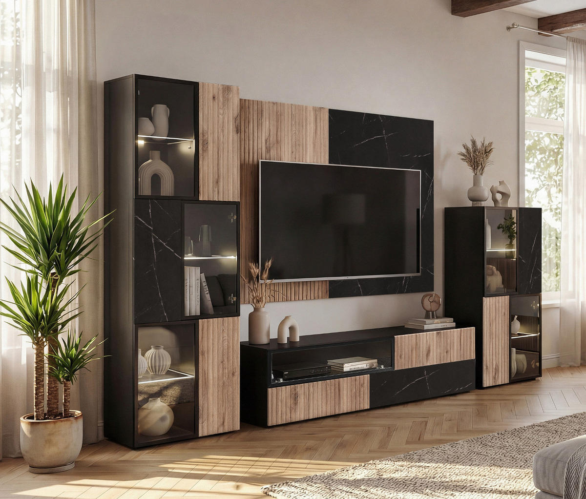 WOHNWAND Eiche, Marmor schwarz 300 cm, Anbauwand inklusive LED-Beleuchtung - Eichefarben/Schwarz, Glas/Holzwerkstoff (300/182/45cm) - Inn.Furn