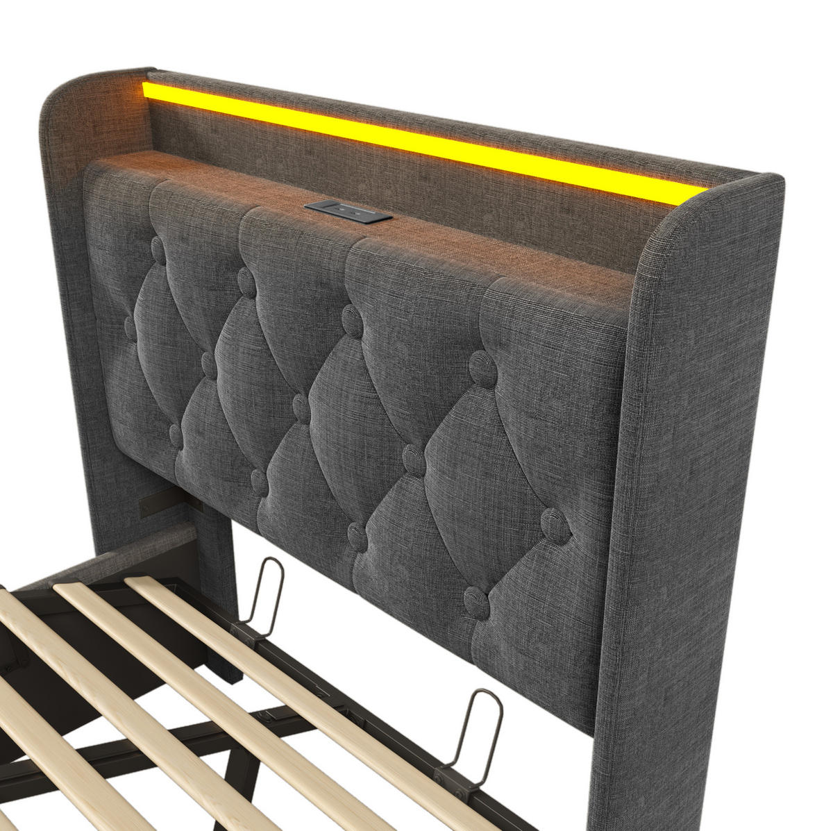 POLSTERBETT 90/200 cm Grau aus Leinen mit LED und Bettkasten - Grau, Textil (90/200cm) - OKMYHOME