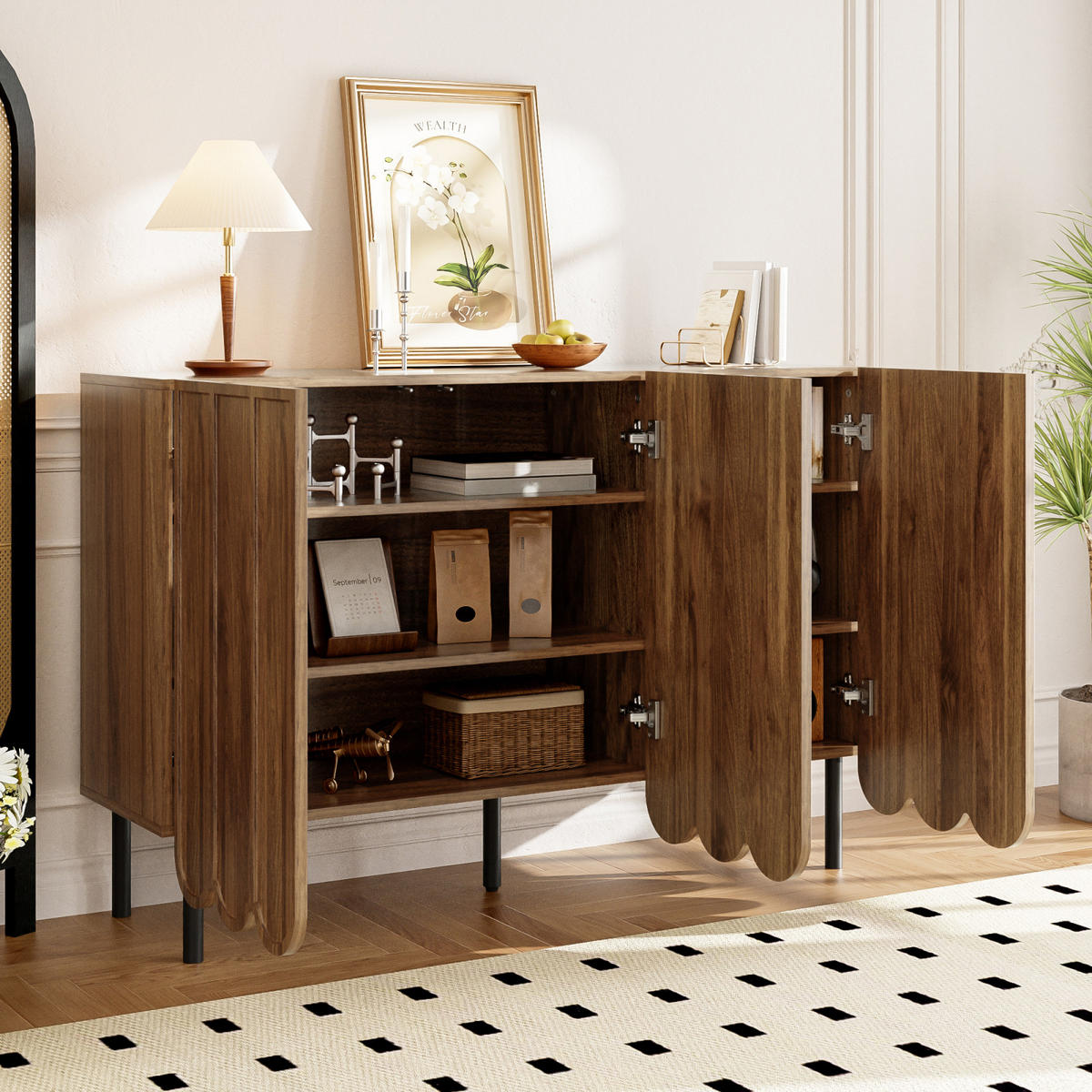 SIDEBOARD Holzoptik, gewellte Türen, für Wohnraum - Kastanienfarben, Holz (120/80/35cm)