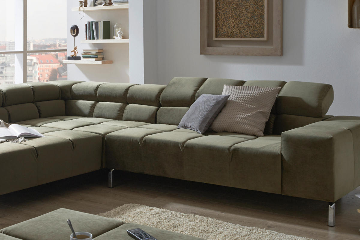 ECKSOFA NELSON Dunkelgrün Velvet - Dunkelgrün/Silberfarben, Textil (321/216cm) - KAWOLA