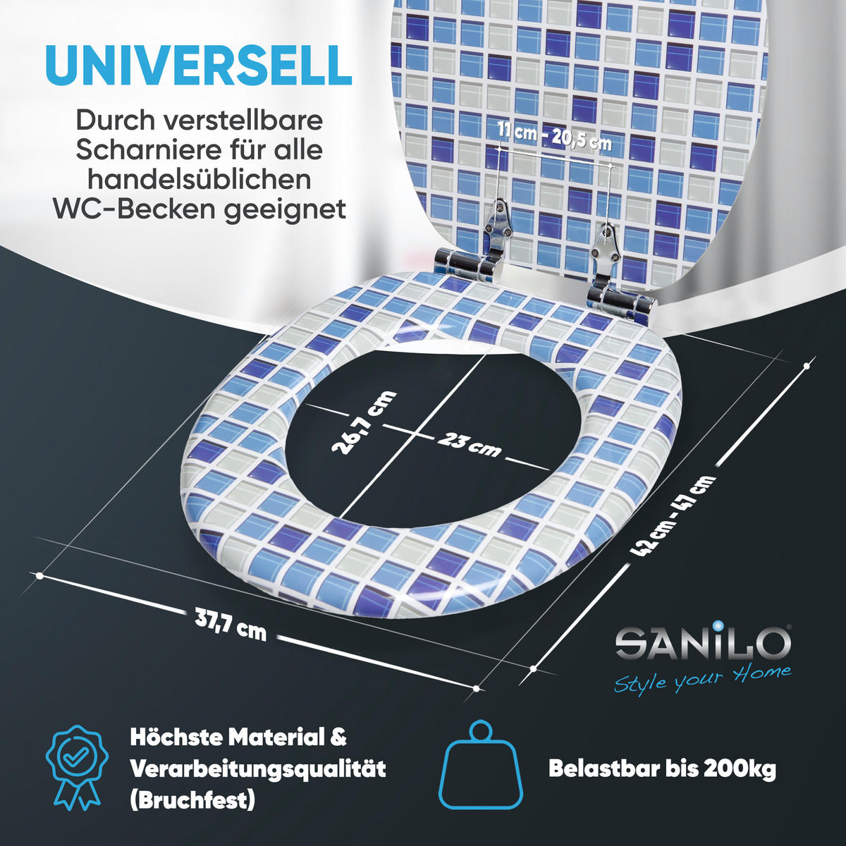 WC-SITZ mit Absenkautomatik Mosaik Blau - Blau, Holzwerkstoff (38/6/47cm) - Sanilo