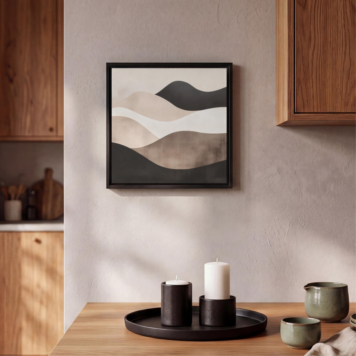 LEINWAND Bilder mit Rahmen - Abstrakt - Landschaft - Wellen - Cremefarben - 20x20 - Cappuccino, Textil (20/20cm) - MuchoWow