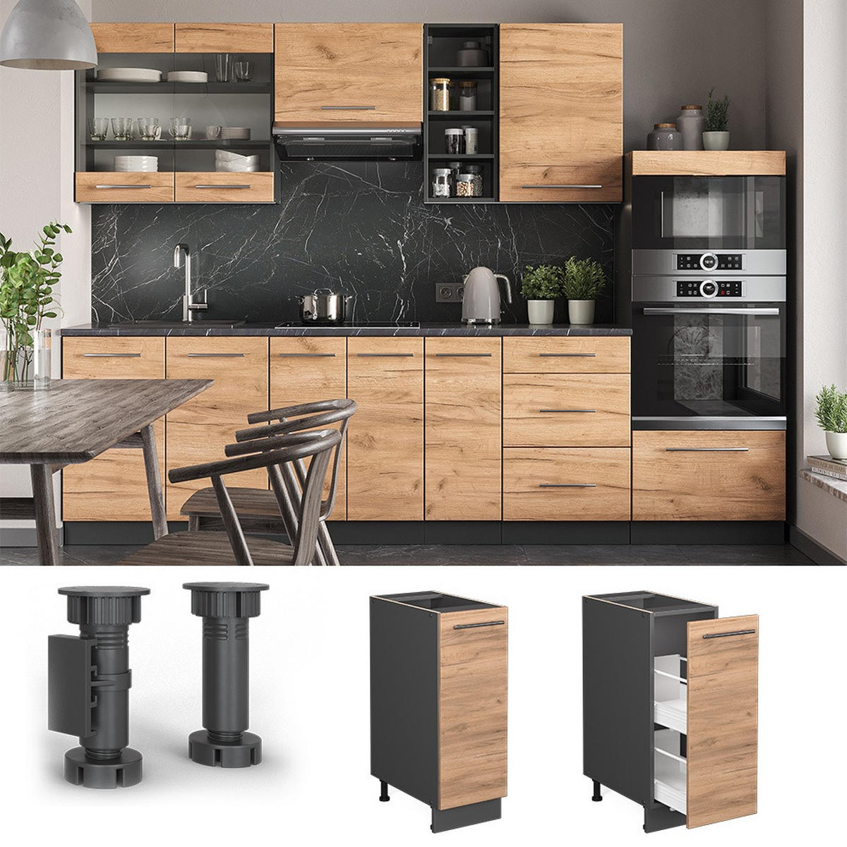 APOTHEKERSCHRANK Fame-Line Goldkraft Eiche 30 cm , AP Marmor - Honigeiche/Anthrazit, Holzwerkstoff (30/82/60cm) - Vicco