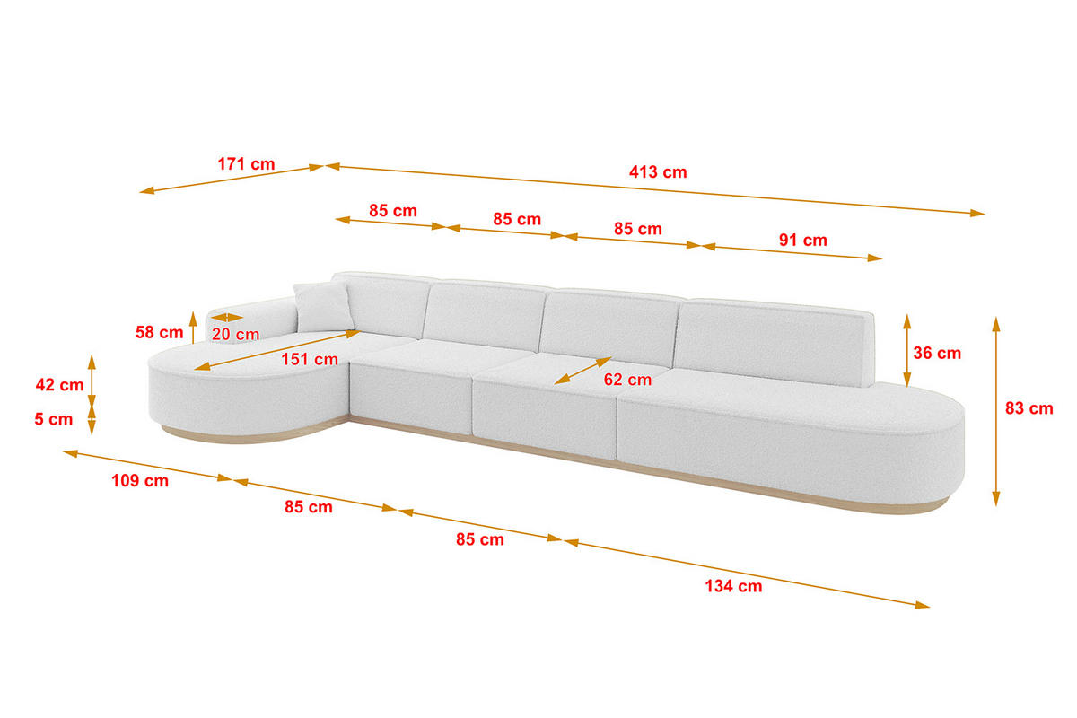 ECKSOFA Ottomane Links MARI-L3-v1 - 413x171x83 cm Weiß Bouclé - Weiß, Holzwerkstoff/Textil (413/171cm) - ALTDECOR