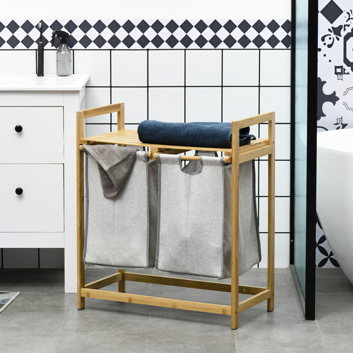 WÄSCHEKORB, 81,2 L Wäschebox mit 2 abnehmbaren Wäschesacke, Bambus, Natur - Naturfarben, Kunststoff (33/73/64cm) - HOMCOM