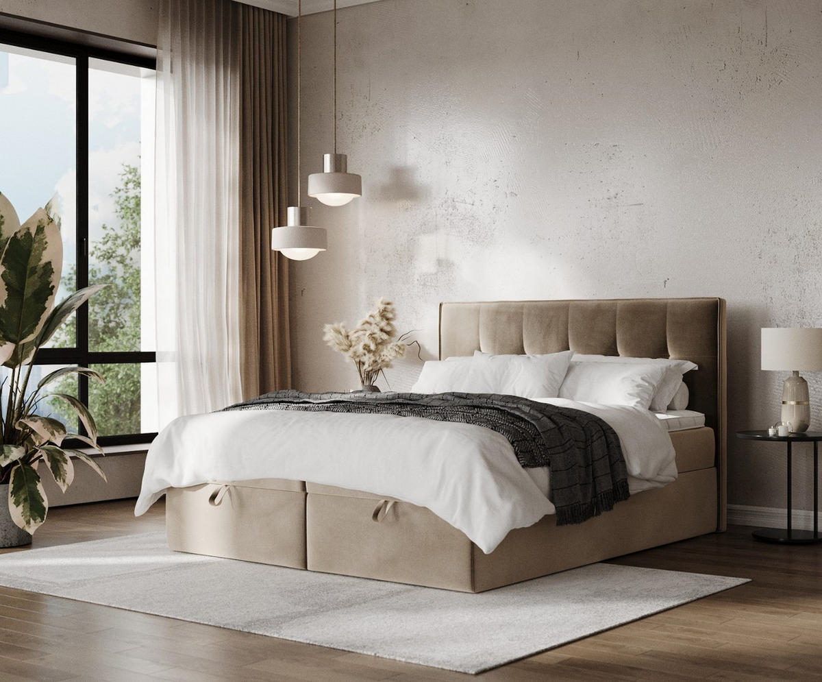 BOXBETT Tivra 200/200 cm Taupe im Paros Stoff - Taupe/Schwarz, Holz/Holzwerkstoff (200/200cm) - AltaBeds