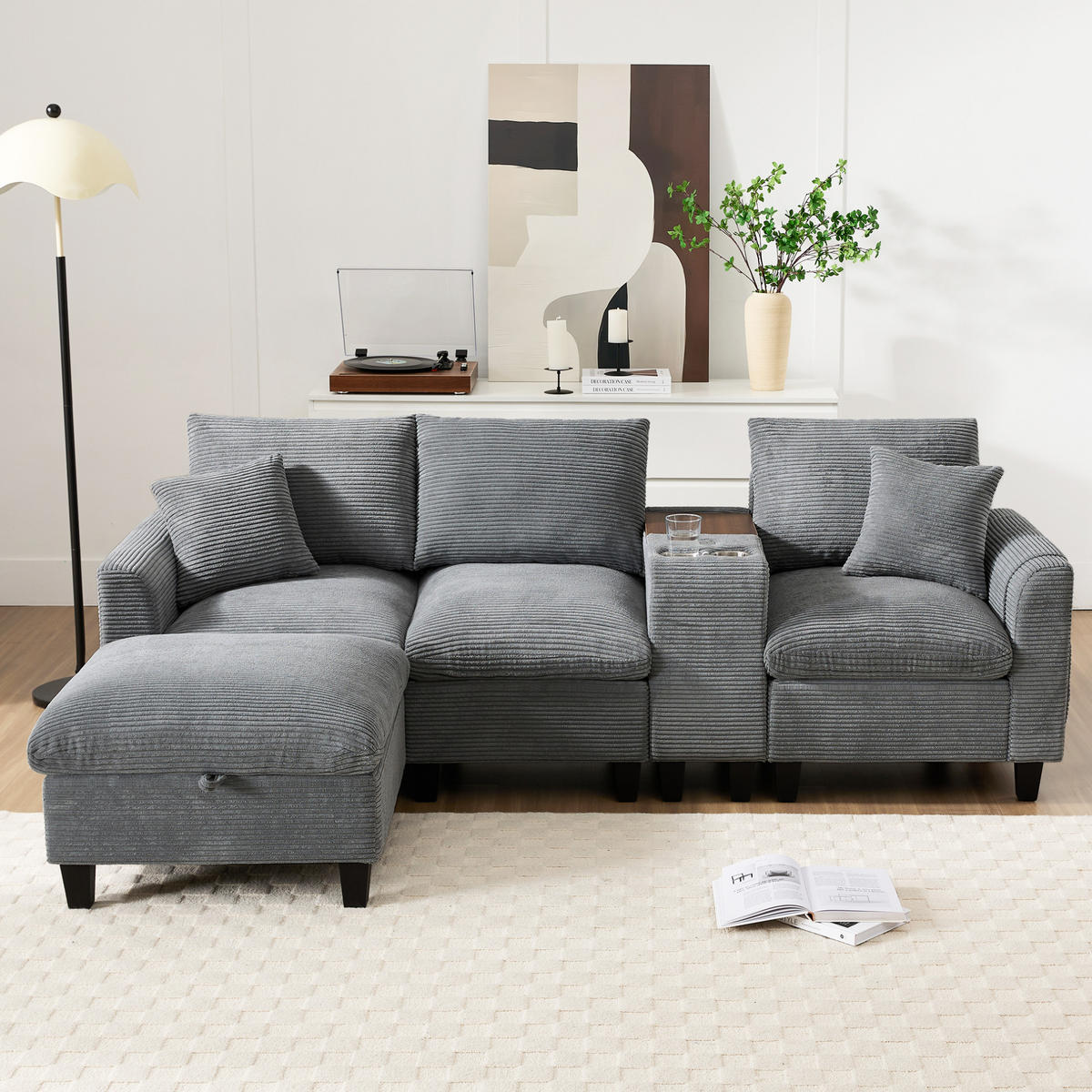 WOHNLANDSCHAFT aus Cord 229x149,5x83 cm Grau mit USB-Anschlüssen, Mittelkonsole, Becherhaltern und Stauraumhocker - Grau, Textil (149.5/229cm) - Modfu