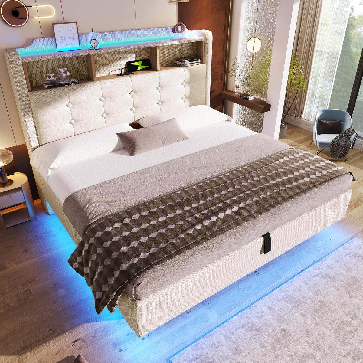 POLSTERBETT 140/200 cm Beige mit LED-Beleuchtung und hydraulischem Stauraum - Beige, Textil (140/200cm) - OKWISH
