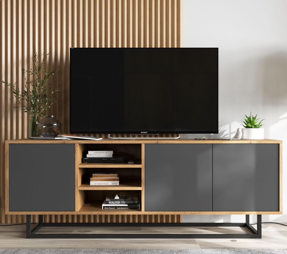 TV-LOWBOARD Apollo Eiche wotan Graphit Matt 150/53/35 cm - Graphitfarben/Schwarz, Holzwerkstoff/Metall (150/53/35cm) - Meble Lindner