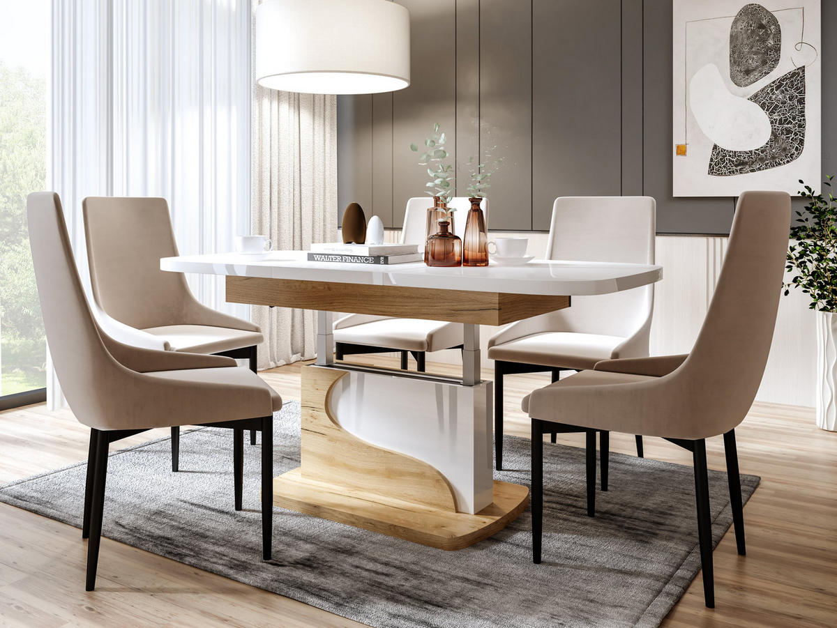 COUCHTISCH rechteckig Weiß Hochglanz - Eiche Gold ausziehbar höhenverstellbar - Weiß Hochglanz/Eichefarben, Holzwerkstoff (70/120/58cm) - designimpex