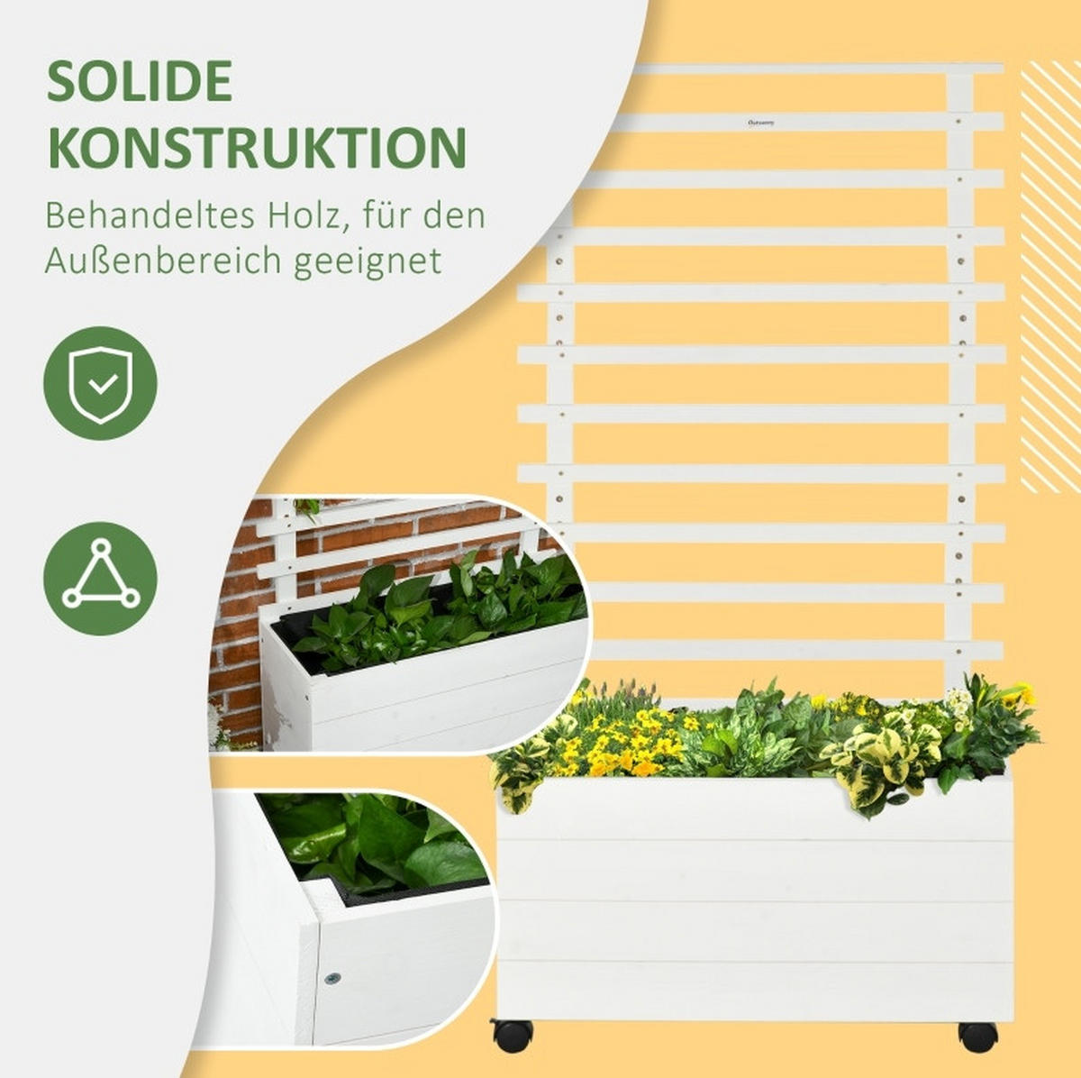 BLUMENKASTEN aus Holz 76x30x155cm Weiß mit Rankgitter & Rollen - Weiß, Holz (30/155/76cm) - Modfu