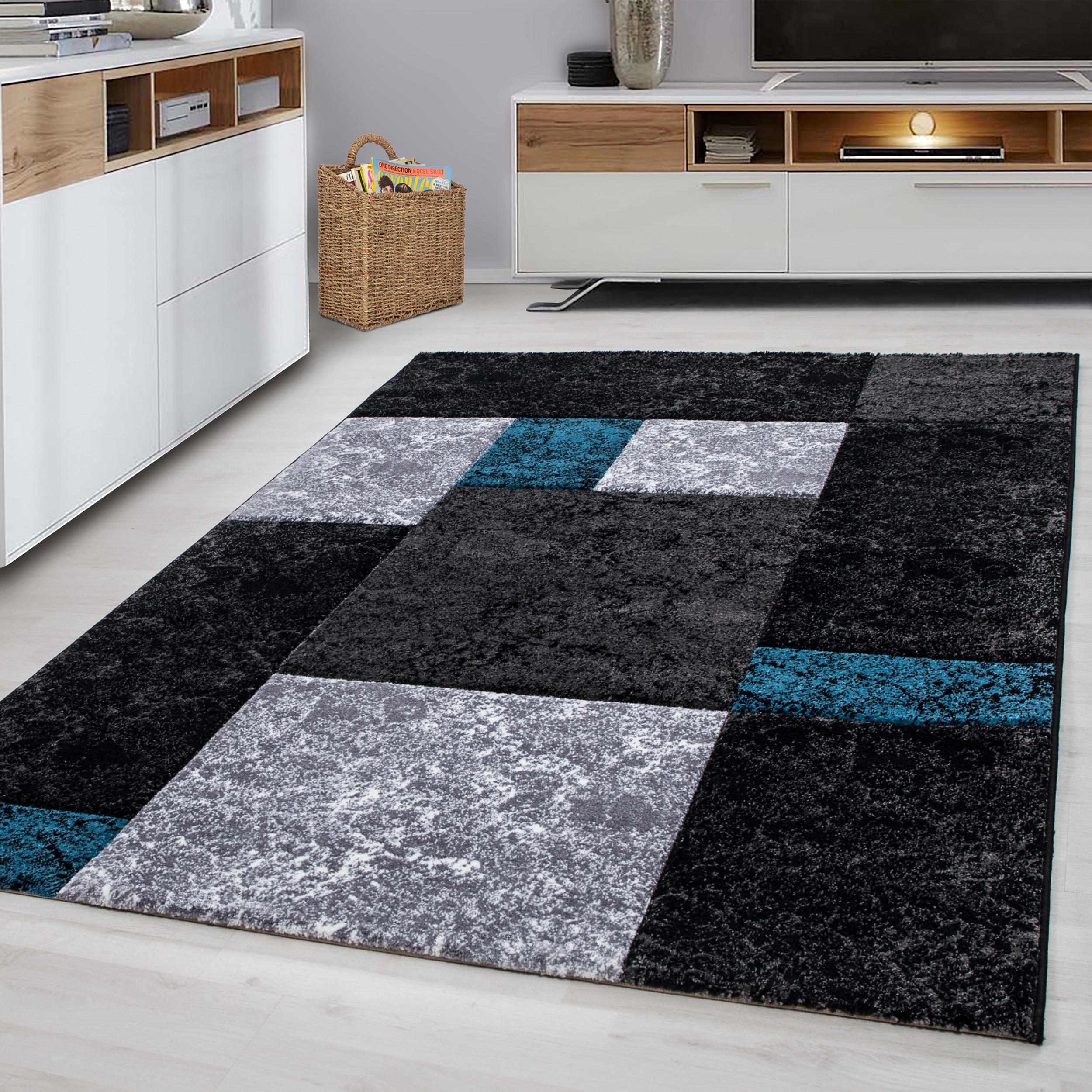 TEPPICH Kurzflor Karo Design Polypropylen Wohnzimmer Türkis Rechteckig 160x230 - Türkis, Textil (160/230cm) - KADIMA DESIGN