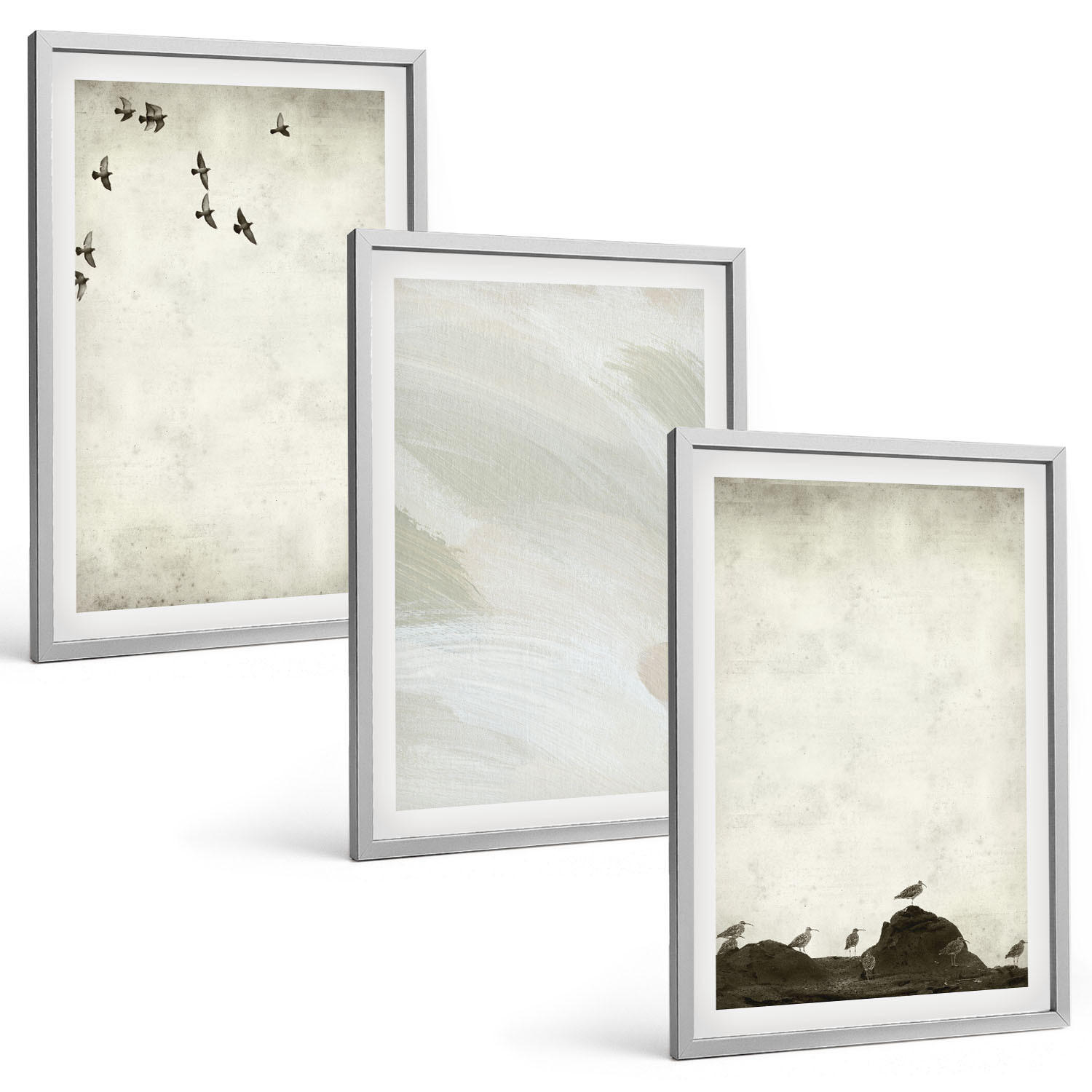 BILDER SET 3er Set - 40x60 cm Silberner Rahmen - Vögel, Steine, Pinselstriche, Verzierungen - Silberfarben, Kunststoff (40/60cm) - TULUP