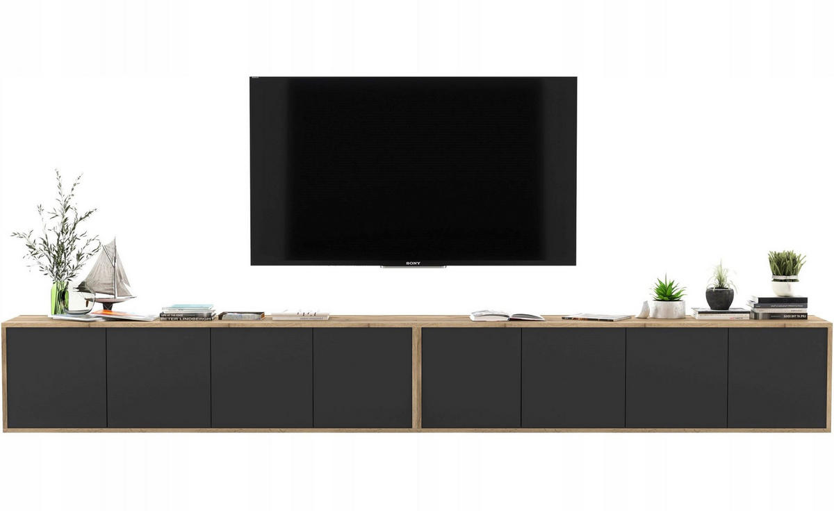 TV-LOWBOARD 2-er Set Apollo2 Eiche wotan Schwarz Matt 150 cm - Schwarz, Holzwerkstoff (300/39/35cm) - Meble Lindner