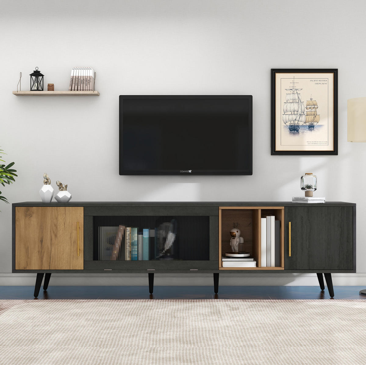 TV-SCHRANK aus MDF 200x40x55,5 cm Grau/Braun mit Kabelmanagement und Changhong-Glastür - Grau, Holzwerkstoff (200/55.5/40cm) - Modfu