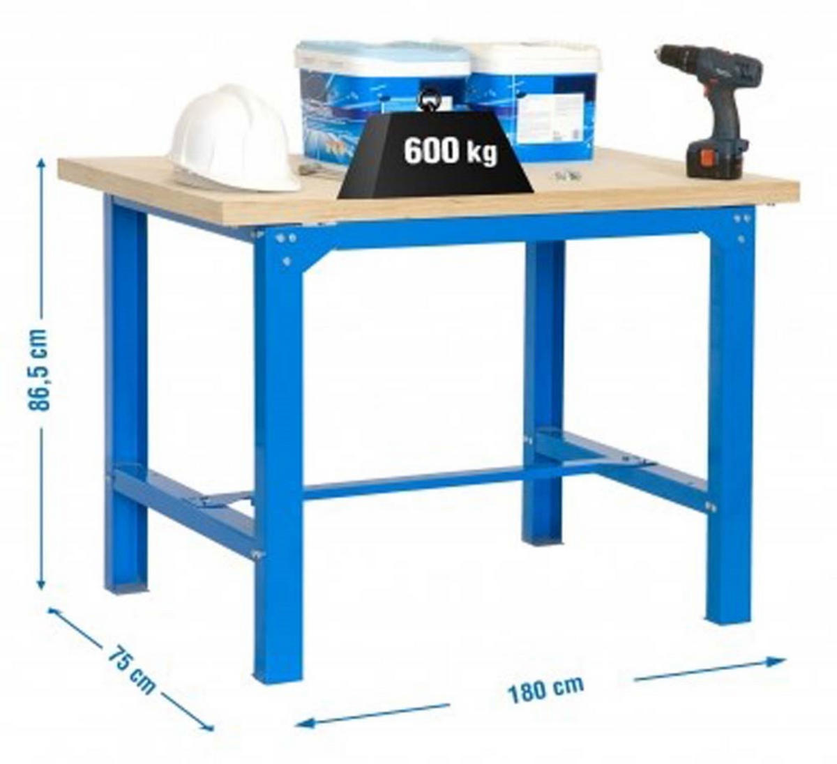 WERKBANK BUFFALO WOOD | HxBxT 87x180x75cm | Traglast 600kg | Blau - Blau, Metall (180/87/75cm) - PROREGAL