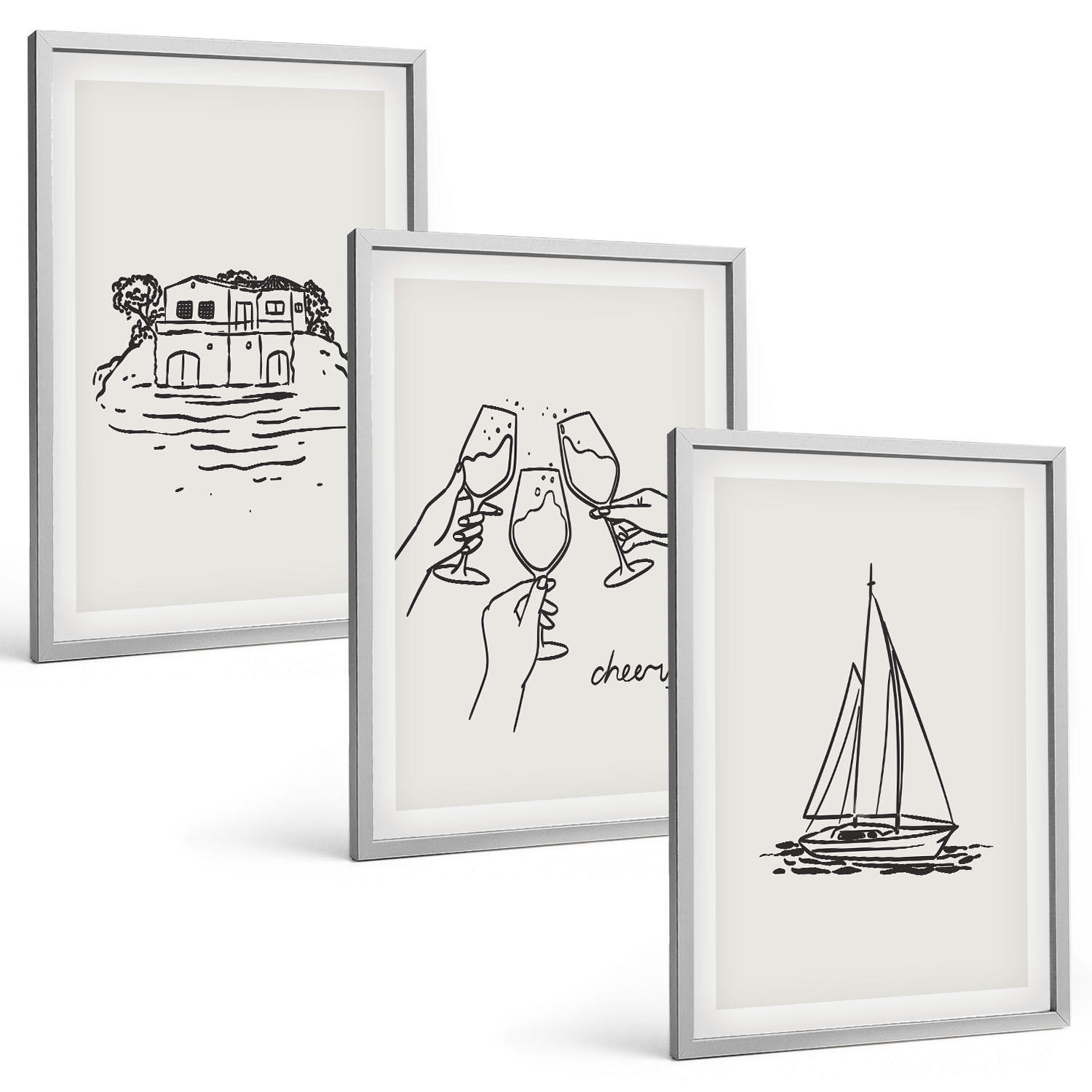 BILDER SET 3er Set - 40x60 cm Silberner Rahmen - Haus am Wasser, Segelboot-Toast - Silberfarben, Kunststoff (40/60cm) - TULUP